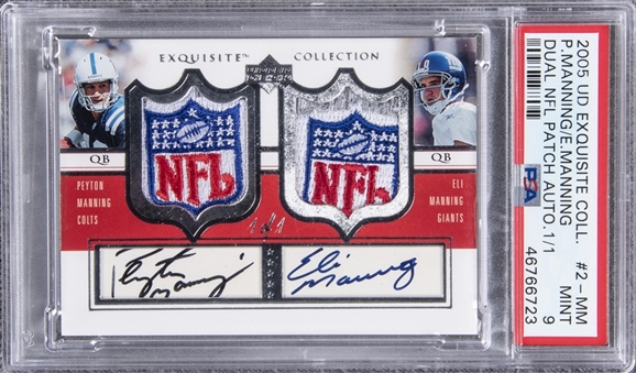 2005 Upper Deck "Exquisite Collection" Dual NFL Patch Autographs #2-MM Peyton Manning/Eli Manning Signed NFL Shield Game Worn Patch Card (#1/1) - PSA MINT 9